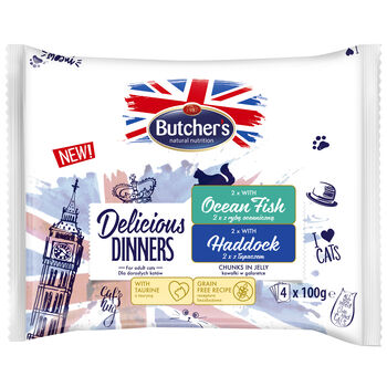 Butcher’S Delicious Dinners Cat 2X Z Rybą Oceaniczną 2X Z Łupaczem Kawałki W Galaretce 4X100G