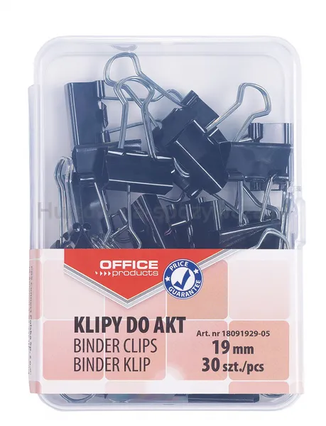 Klipy Do Dokumentów Office Products, 19Mm, 30Szt., W Pudełku, Czarne