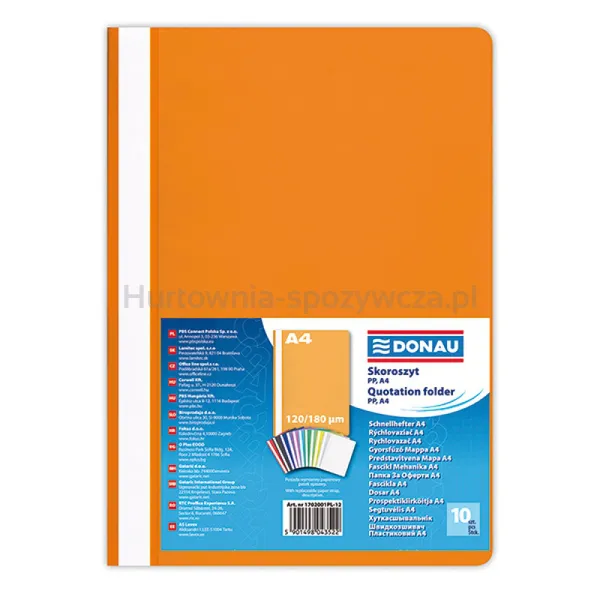 Donau Skoroszyt PP, A4, standard, 120/180mikr., pomarańczowy 