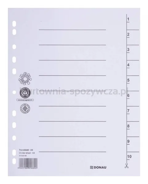 Przekładka DONAU, karton, A4, 235x300mm, 1-10, 1 karta, biała
