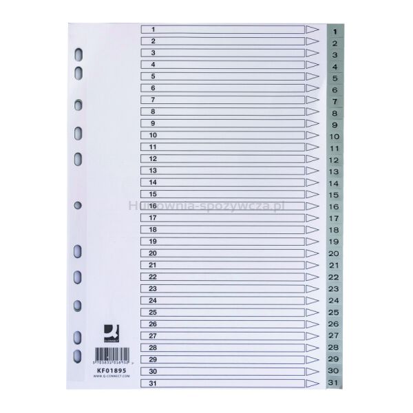 Q-Connect Przekładki PP, A4, 225x297mm, 1-31, 31 kart, szare 