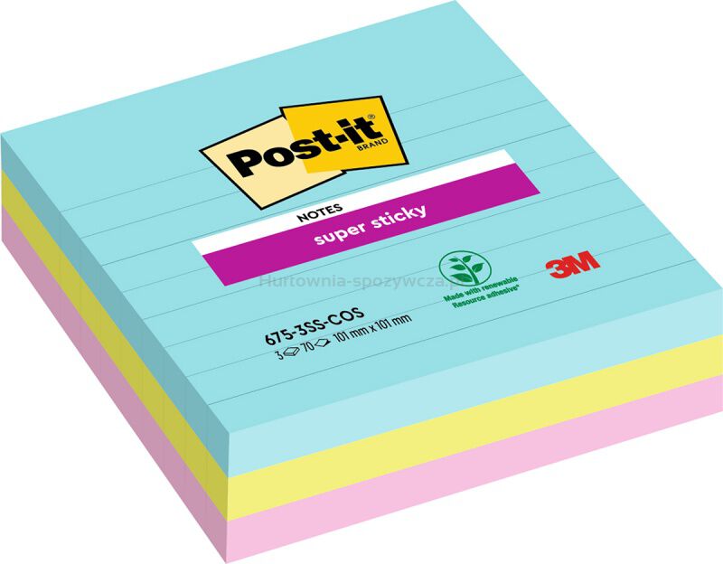 Post-It Karteczki samoprzylepne Super Sticky w linie, (675-SS3-MIA), 101x101mm, 3x70 kart., paleta Miami [BIURO]