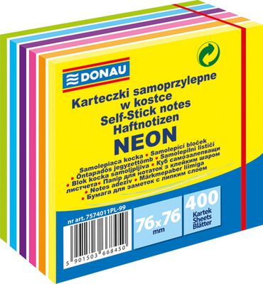 Donau Kostka samoprzylepna, 76x76mm, neon, 1x400 kart., mix kolorów [BIURO]