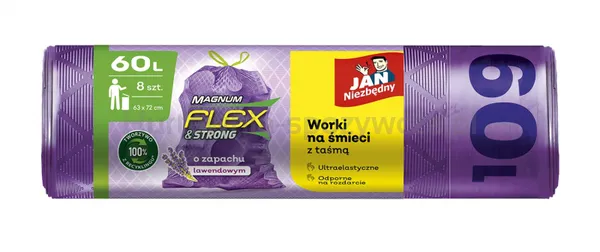 Worki na śmieci JAN NIEZBĘDNY, magnum flex, z taśmą, 60l, 8szt., lawendowe