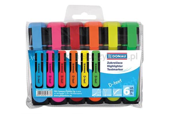 Donau Zakreślacz fluorescencyjny D-Text, 1-5mm (linia), 6szt., mix kolorów 