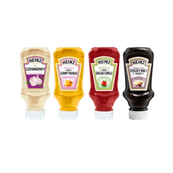 Heinz Mix 4 Sosów (Garlic Sauce 220ml Curry Mango Sauce 220ml Hot Chilli Sauce 220ml Korean Barbecue 220ml )<br>(Data przydatności 07.08.2025)