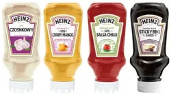 Heinz Mix Sosów (Garlic Sauce 220ml Curry Mango Sauce 220ml Hot Chilli Sauce 220ml Korean Barbecue 220ml )<br>(Data przydatności 07.08.2025)