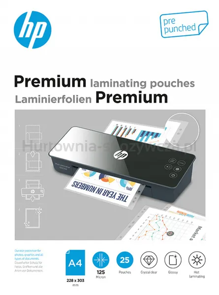 Folie laminacyjne HP PREMIUM A4, dziurkowanie, 125 mic, 25 szt., przezroczyste/połysk
