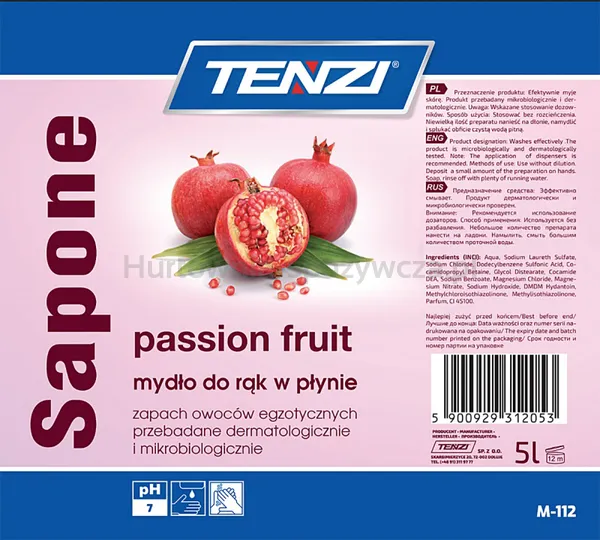 Delikatne mydło w płynie TENZI, zapach owocowy, Sapone Passion Fruit, 5l