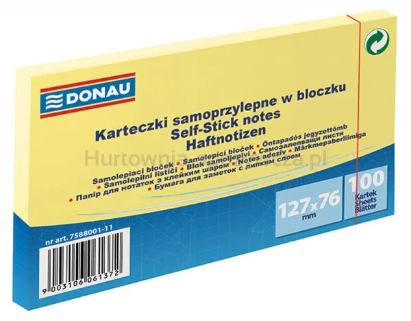 Donau Bloczek Samoprzylepny 127x76mm, 1x100 kart., jasnożółty 
