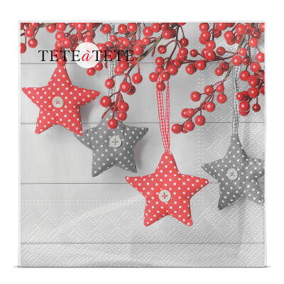 Tete A Tete Serwetki Gray-Red Stars , Serwetki 3-Warstwowe 33X33Cm Składane 1/4 20Szt. W Paczce