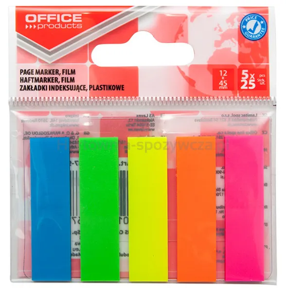 Zakładki Indeksujące Office Products, Standard, Pp, 12X45Mm, 5X25 Kart., Zawieszka, Mix Kolorów