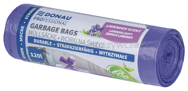 Worki na śmieci DONAU PROFESSIONAL, wytrzymałe, mocne, z uszami, 120l, 10 szt., zapach lawendy, fioletowe