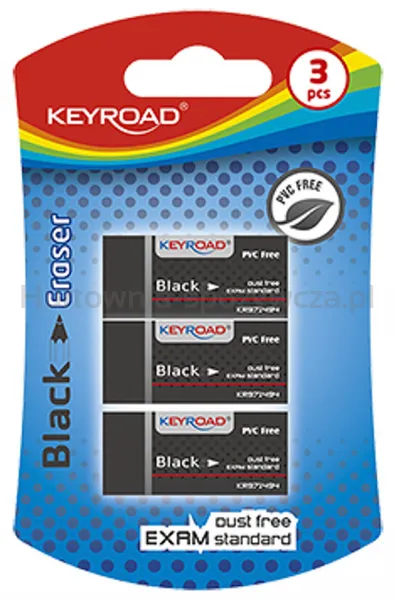 Gumka Uniwersalna Keyroad Black, 3Szt., Blister, Czarna