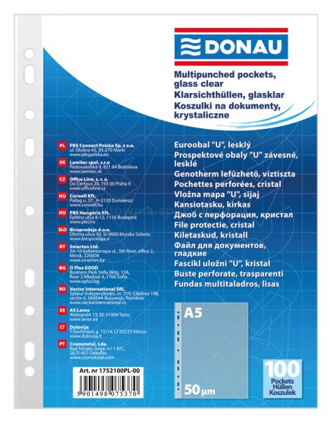 Koszulki na dokumenty DONAU, PP, A5, krystal, 50mikr., 100szt. - 2