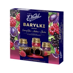 E.Wedel Baryłki owocowe czarny bez, malina, śliwka z alkoholem w czekoladzie deserowej 200g