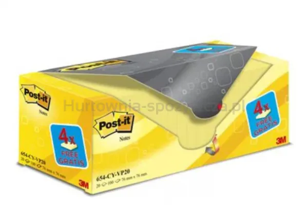 Karteczki Samoprzylepne Post-It® (654Cy-Vp20), 76X76Mm, (16+4)X100 Kart., Żółte, 4 Bloczki Gratis
