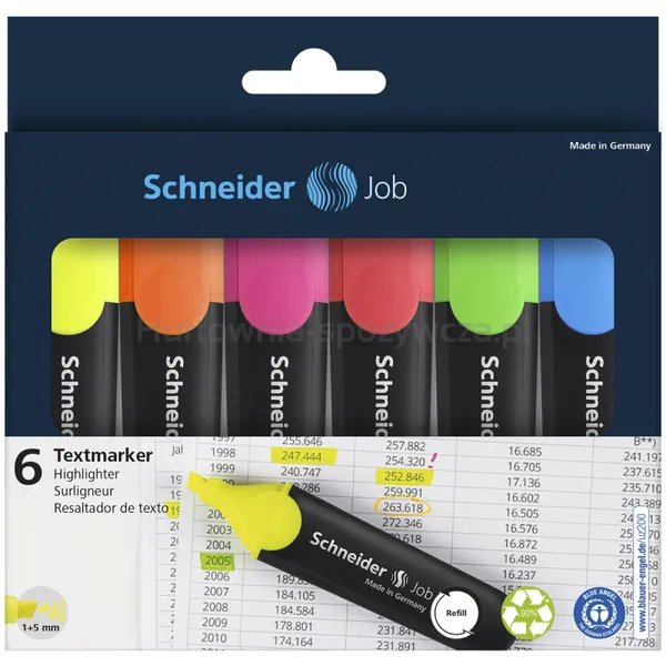 Schneider Zestaw zakreślaczy Job, 1-5 mm, 6 szt., pudełko z zawieszką, mix kolorów 