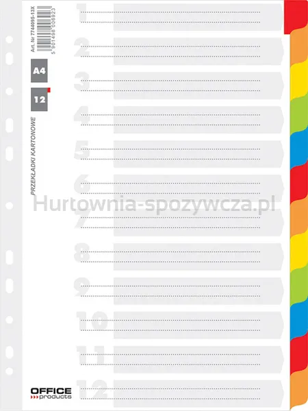 Przekładki OFFICE PRODUCTS, karton, A4, 227x297mm, 12 kart, lam. indeks, mix kolorów