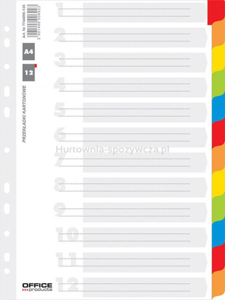 Office Products Przekładki karton, A4, 227x297mm, 12 kart, lam. indeks, mix kolorów 