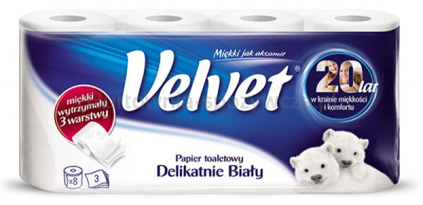 Papier toaletowy celulozowy VELVET Delikatnie Biały, 3-warstwowy, 150 listki, 8szt., biały - 3