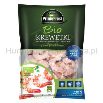 Primefrost BIO Krewetki blanszowane obrane z ogonkiem, rozmiar: 41-50 szt./lb, glazura: 20%, 200 g/250 g, produkt głęboko mrożony