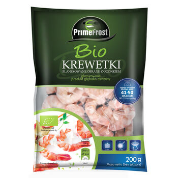 Primefrost BIO Krewetki blanszowane obrane z ogonkiem, rozmiar: 41-50 szt./lb, glazura: 20%, 200 g/250 g, produkt głęboko mrożony