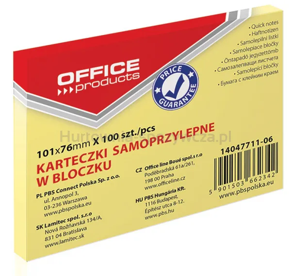 Bloczek Samoprzylepny Office Products, 101X76Mm, 1X100 Kart., Pastel, Jasnożółty