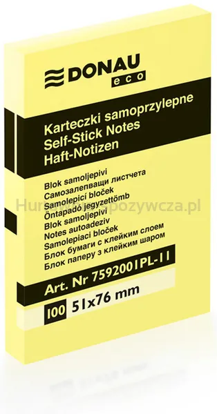 Donau Bloczek Samoprzylepny Eco, 51x76mm, 1x100 kart., jasnożółty 