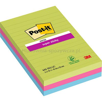 Post-It Karteczki samoprzylepne Super Sticky w linie (660 - 3 SSUC), 102x152mm, 3x90 kart., neonowe [BIURO]