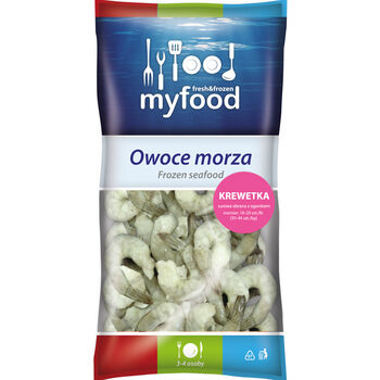 Myfood Krewetka Surowa Obrana Z Ogonkiem, Rozmiar: 16-20 Szt./Lb , Glazura: 20%, 400G/500 G