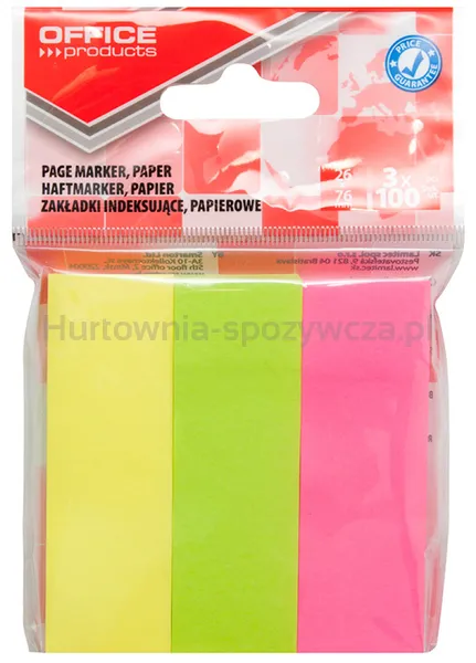 Office Products Zakładki indeksujące papier, 26x76mm, 3x100 kart., zawieszka, mix kolorów