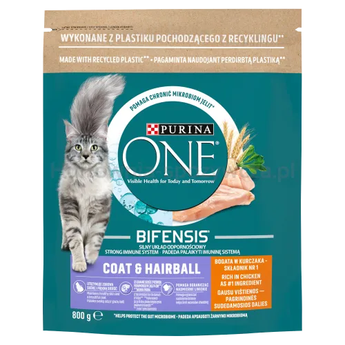 Purina One Coat  Hairball Pełnoporcjowa Karma Dla Dorosłych Kotów Bogata W Kurczaka I Ziarna 800 G