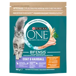 Purina One Coat  Hairball Pełnoporcjowa Karma Dla Dorosłych Kotów Bogata W Kurczaka I Ziarna 800 G