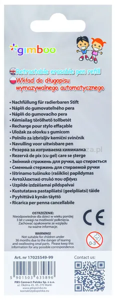 Wkład do długopisu wymazywalnego automatycznego GIMBOO, kosmos/potworki, 3 szt., blister, niebieski