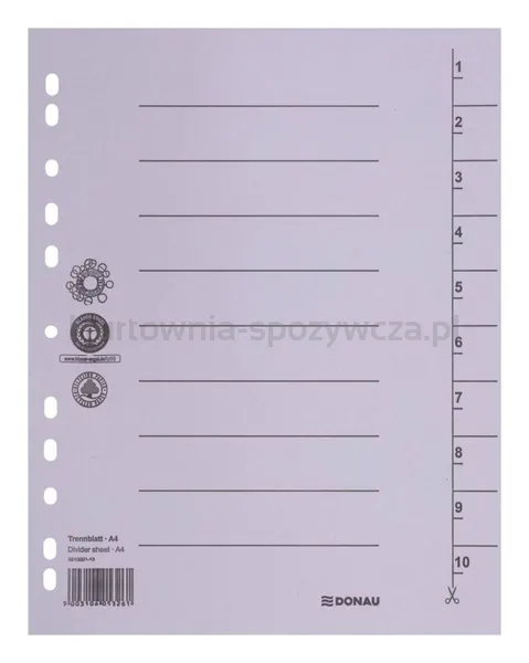Przekładka DONAU, karton, A4, 235x300mm, 1-10, 1 karta, szara