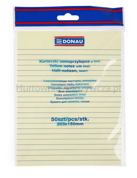 Donau Bloczek Samoprzylepny 150X203Mm, W Linię, 1X50 Kart., 75Gsm, Żółty 