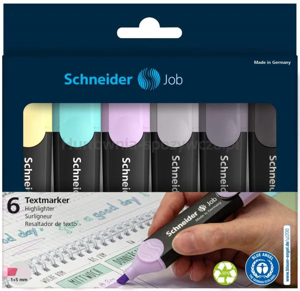 Zestaw zakreślaczy SCHNEIDER Job Pastel Grey, 1-5 mm, 6 szt., pudełko z zawieszką, mix kolorów