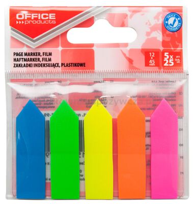 Zakładki indeksujące OFFICE PRODUCTS, strzałka, PP, 12x45mm, 5x25 kart., zawieszka, mix kolorów