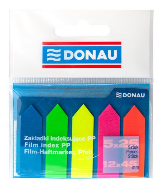Donau Zakładki indeksujące PP, 12x45mm, strzałka, 5x25 kart., mix kolorów