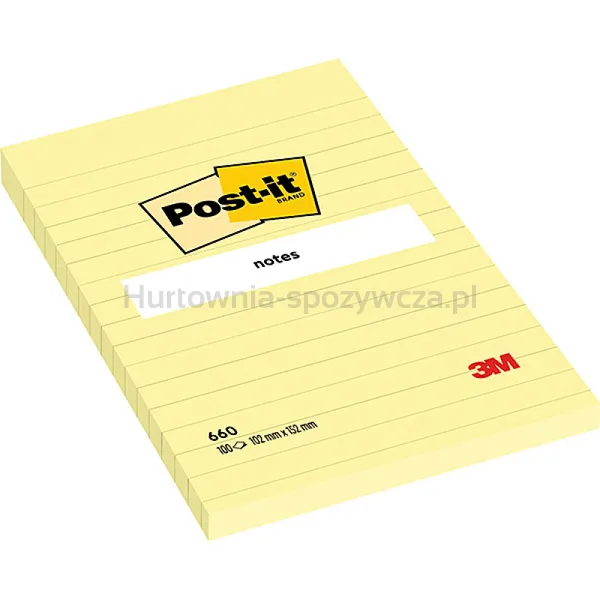 Post-It Karteczki Samoprzylepne W Linię (660), 102X152Mm, 1X100 Kart., Żółte 