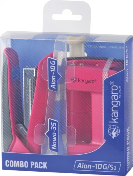 Zestaw zszywacz Nowa-35 + dziurkacz Aion-10G, pudełko z zawieszką, różowy