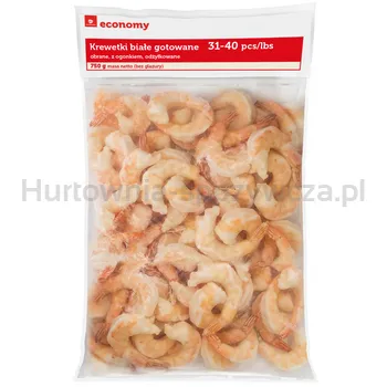 Tge Krewetki białe Vannamei gotowane, obrane, z ogonkiem 31-40pcs/lb worek 0,75kg/1kg, 25% glazury