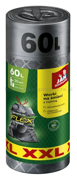 Worki na śmieci JAN NIEZBĘDNY, magnum flex, z taśmą, 60l, 20szt., szare