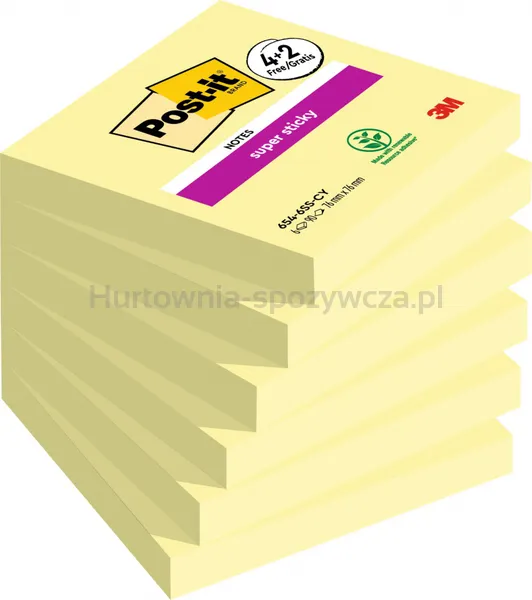 Post-It Karteczki samoprzylepne Super Sticky (654-P6SSCY-EU), 76x76mm, 4+2x90 kart., żółte, 2 bloczki GRATIS 