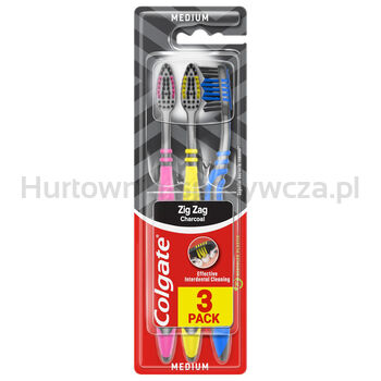 Colgate Szczoteczka Do Zębów Zigzag Charcoal  Średnia Z Węglem Aktywnym 3 Sztuki