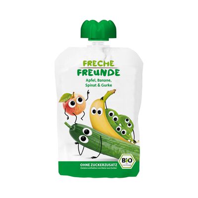 Freche Freunde  Mus Jabłko - Banan - Szpinak - Ogórek Bez Dodatku Cukrów Bezglutenowy Od 6 Miesiąca Bio 100 G - Freche Freunde [BIO]