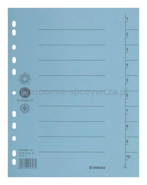 Przekładka DONAU, karton, A4, 235x300mm, 1-10, 1 karta, niebieska