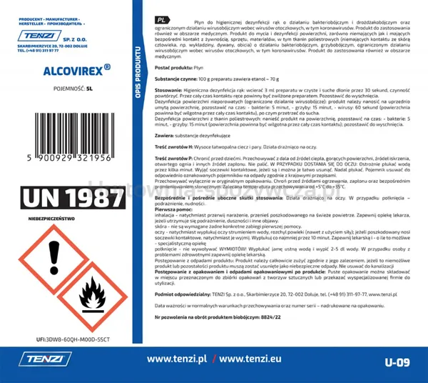 Płyn do dezynfekcji rąk, narzędzi, powierzchni TENZI, Alcovirex, 5l