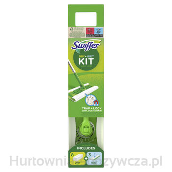 Swiffer Dry + Wet Kit - Zestaw: 1 Mop, 8 Suchych Chusteczek Oraz 3 Mokre Ściereczki.